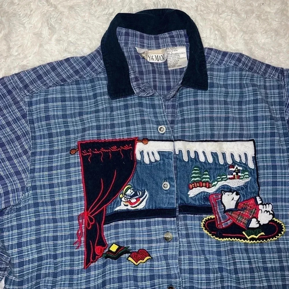 Casey & Max Vintage Plaid Polar Bear Flannel Button Up Size L Christmas / Winter